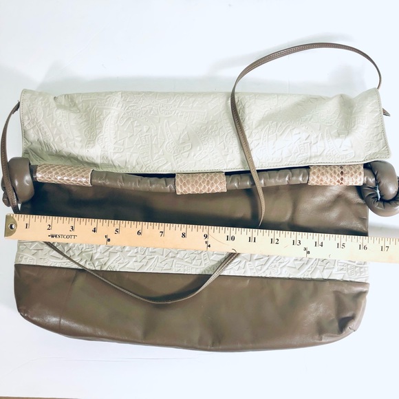 Vintage Unique Oversized Envelope Large Lined Flap Leather Bag Taupe Beige - Picture 5 of 9